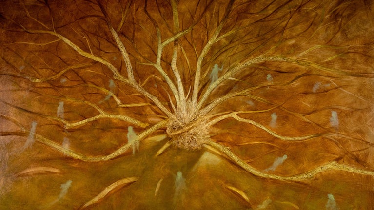 An artist's impression of a tree with its many branches reaching out to figures of people. The painting is brown and orange, and the small figures are almost translucent.